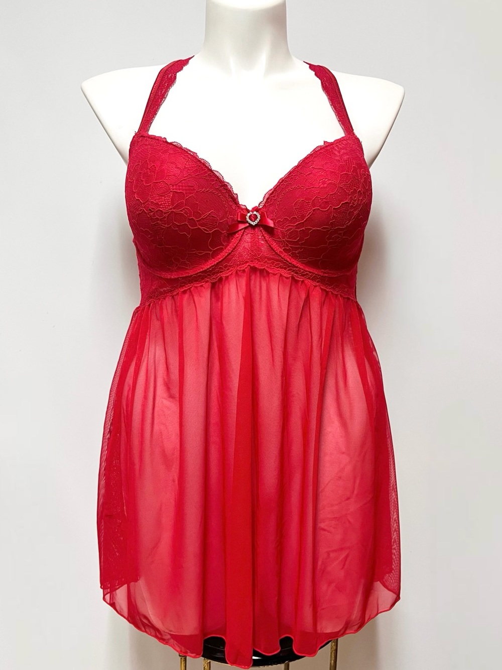 Women’s Plus Size Babydoll Lingerie Red Lace Diamond Heart 1X Sheer Sexy Romance